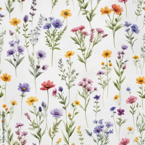 Collection of dainty watercolor wildflowers on a white paper background, summer bloom, vibrant color palette, leaves, stems