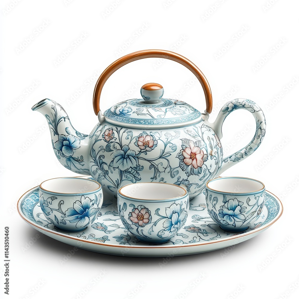 Elegant porcelain tea set with intricate floral patterns and a stylish teapot. Elegant porcelain tea set with intricate floral patterns and a stylish teapot.