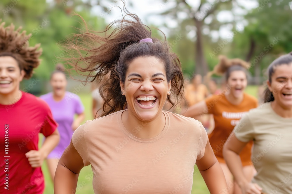 Cheerful runners laughing and enjoying themselves during a lively competition in a vibrant park filled with green grass and trees Cheerful runners laughing and enjoying themselves during a lively competition in a vibrant park filled with green grass and trees