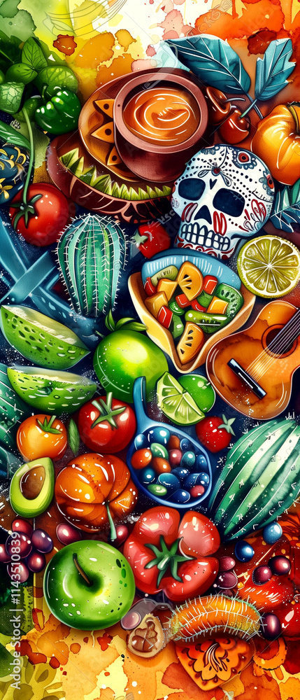 A colorful painting of fruits and vegetables with a skull and guitar in the background. The painting is vibrant and lively, with a mix of colors and textures A colorful painting of fruits and vegetables with a skull and guitar in the background. The painting is vibrant and lively, with a mix of colors and textures