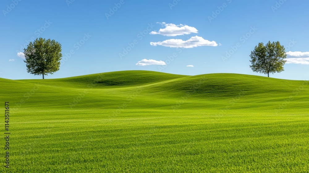 Fototapeta premium A serene landscape featuring green rolling hills, two trees, and a clear blue sky with fluffy clouds.