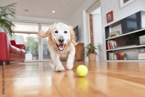 Happy golden retriever running joyfully across a bright modern living room, chasing a tennis ball and radiating playful energy