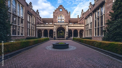 Majestic Building Entrance Wide Shot Photo With Paved Path Outdoors. AI Generated