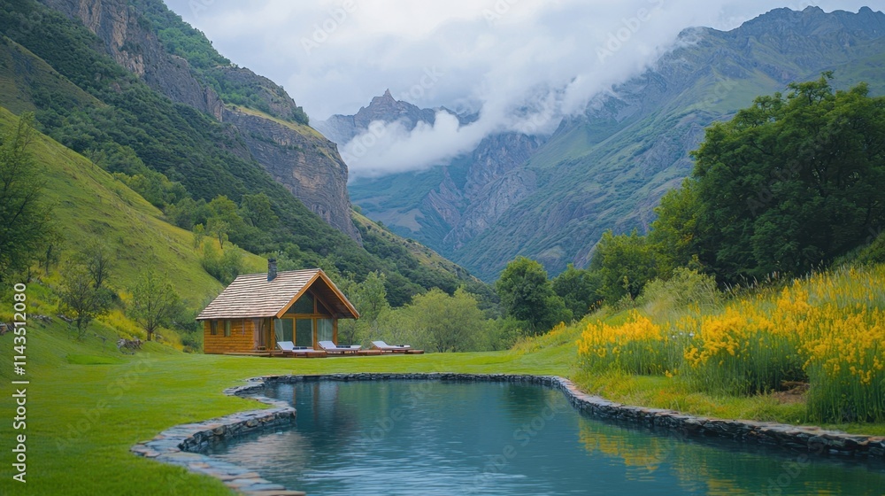 Fototapeta premium Cozy mountain ecolodge retreat scenic nature tranquil view