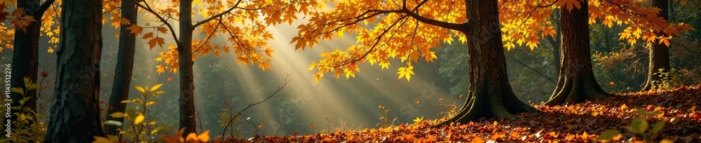 Autumn forest scene featuring a bright yellow leafed tree against a backdrop of bare branches and moss-covered trunks, autumn, trunks Autumn forest scene featuring a bright yellow leafed tree against a backdrop of bare branches and moss-covered trunks, autumn, trunks
