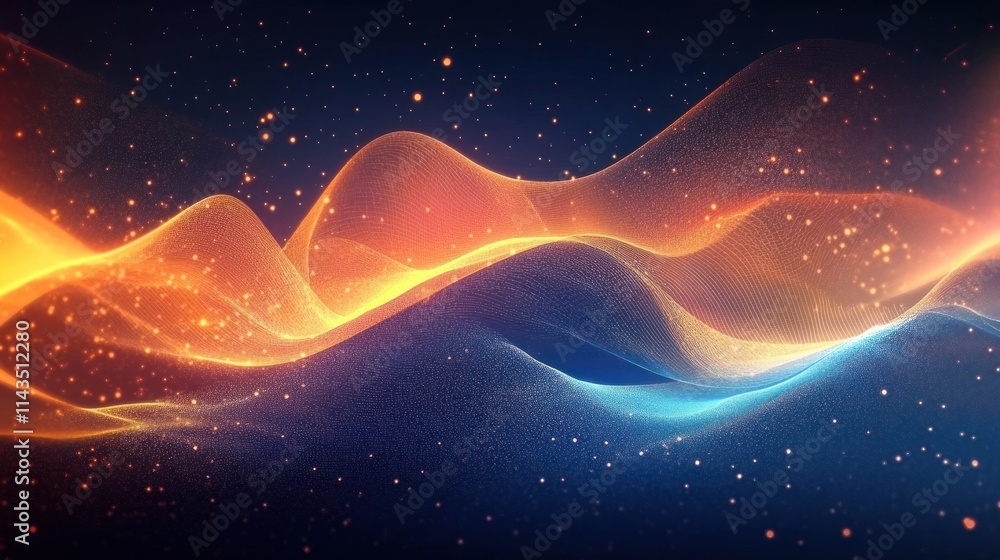 Obraz premium Vibrant Blue and Orange Abstract Digital Landscape with Waves of Light and Dreamy Atmosphere