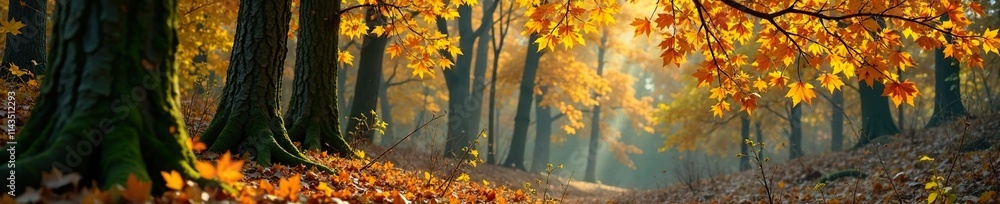 Autumn forest scene featuring a bright yellow leafed tree against a backdrop of bare branches and moss-covered trunks, scenery, foliage Autumn forest scene featuring a bright yellow leafed tree against a backdrop of bare branches and moss-covered trunks, scenery, foliage