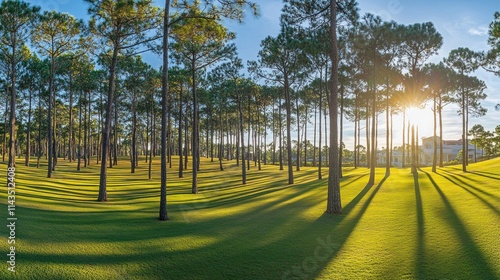 Sunset illuminating tall pine trees casting long shadows on a green field.