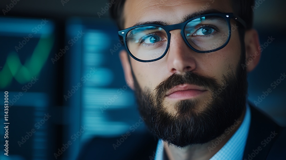 A focused professional man with glasses contemplates data trends displayed on screens, embodying finance and analytics in a modern workspace. A focused professional man with glasses contemplates data trends displayed on screens, embodying finance and analytics in a modern workspace.