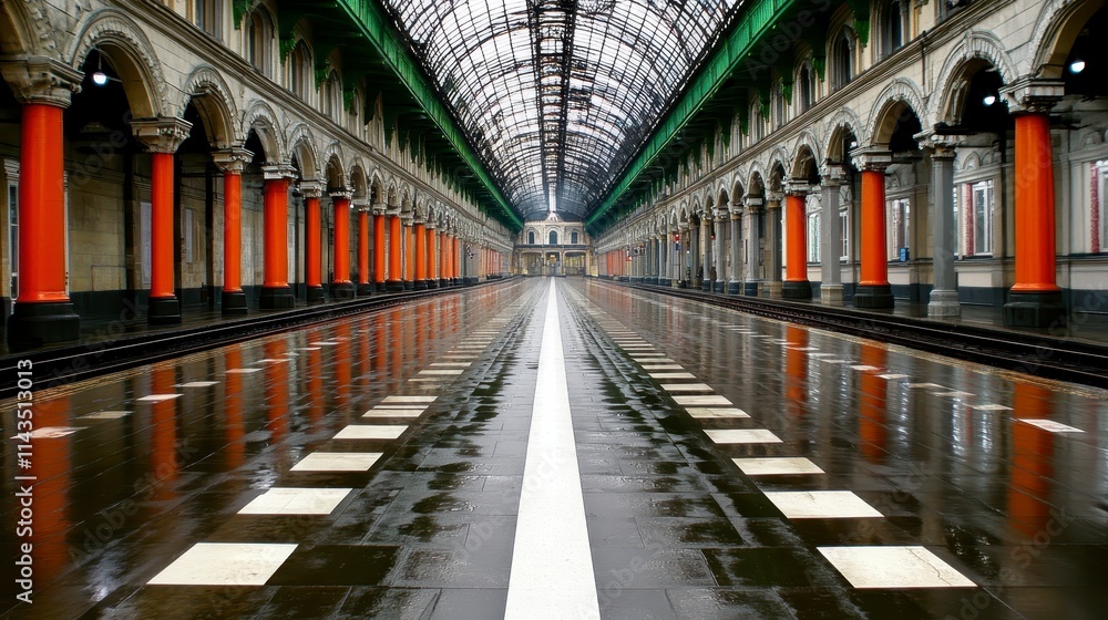 Obraz premium A spacious, beautifully designed corridor with wet floors, arches, and vibrant orange pillars, creating a striking architectural perspective.