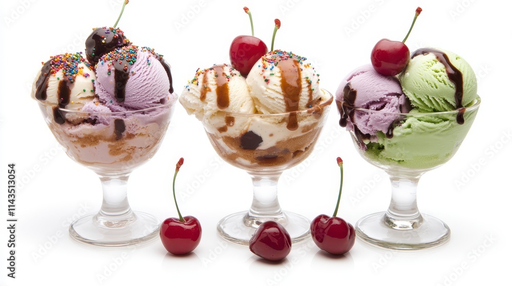 Three colorful ice cream sundaes topped with cherries, featuring various flavors and sauces, served in elegant glass bowls. Three colorful ice cream sundaes topped with cherries, featuring various flavors and sauces, served in elegant glass bowls.