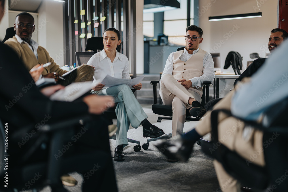 A group of diverse business professionals are seated in a modern office, intensely engaged in a collaborative discussion. They hold documents and are focused on sharing ideas and insights. A group of diverse business professionals are seated in a modern office, intensely engaged in a collaborative discussion. They hold documents and are focused on sharing ideas and insights.