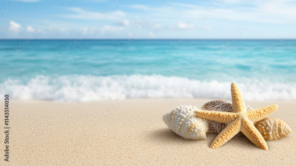 A serene beach scene featuring seashells and a starfish on soft sand, with a tranquil ocean and sky in the background. A serene beach scene featuring seashells and a starfish on soft sand, with a tranquil ocean and sky in the background.