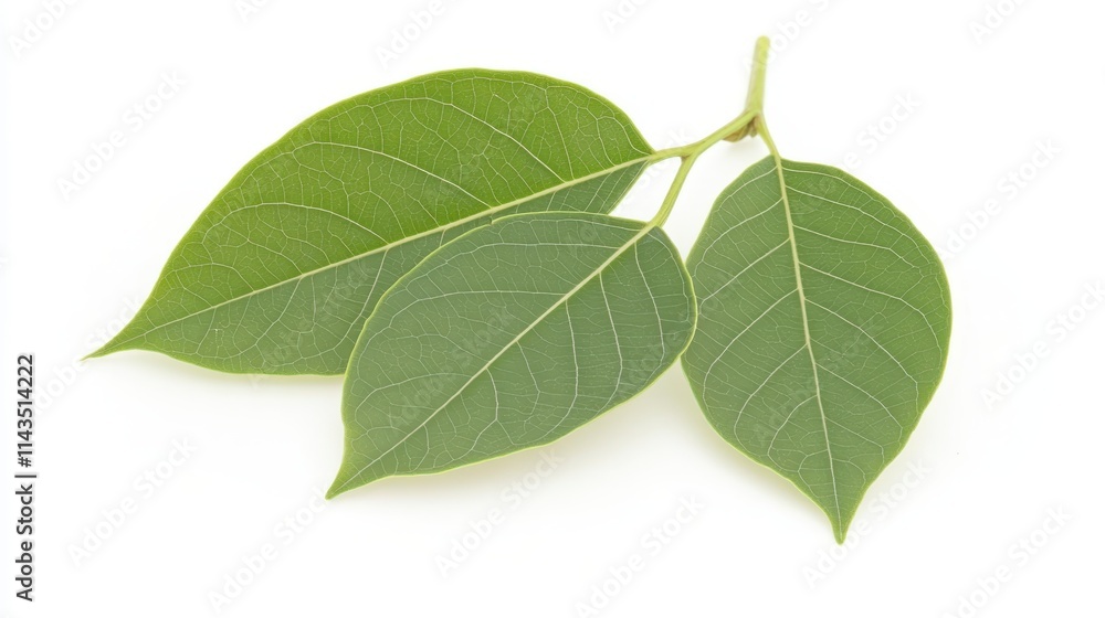 Three green leaves with a smooth texture arranged together against a plain white background. Three green leaves with a smooth texture arranged together against a plain white background.