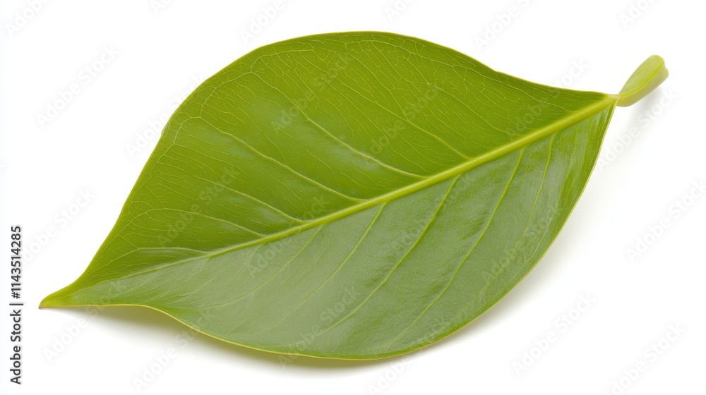 Obraz premium A vibrant green leaf rests on a white background, showcasing its smooth texture and natural beauty.