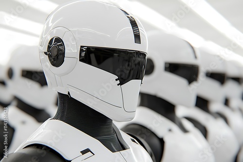 A row of futuristic, white robotic mannequins with sleek designs and dark visors, showcasing advanced technology and modern aesthetics. photo