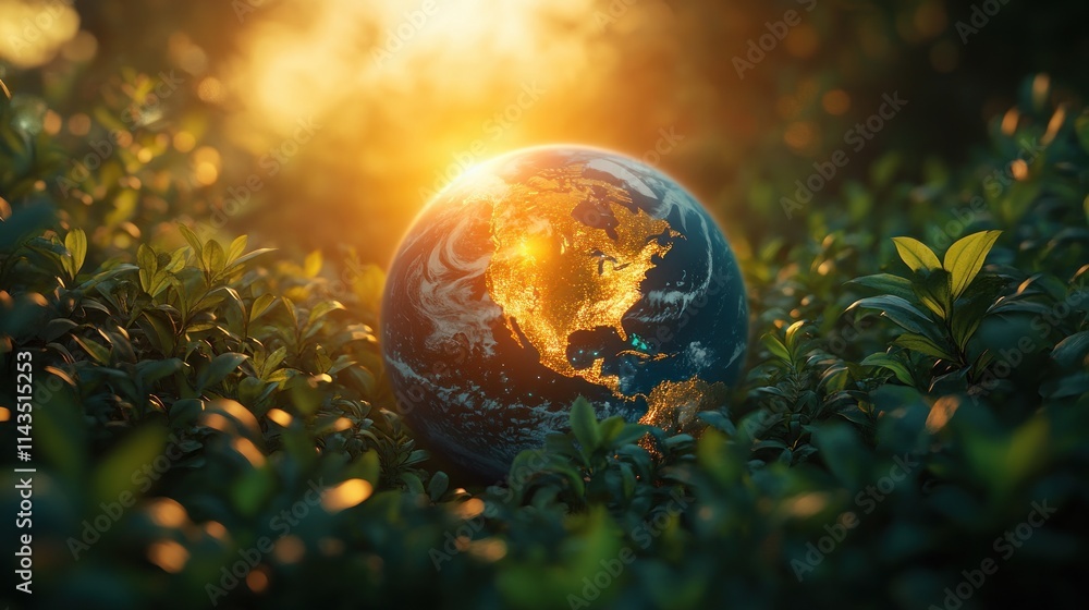 Glowing Earth Globe Surrounded by Lush Green Foliage in Ethereal Light for Sustainable Development and Environmental Awareness Glowing Earth Globe Surrounded by Lush Green Foliage in Ethereal Light for Sustainable Development and Environmental Awareness