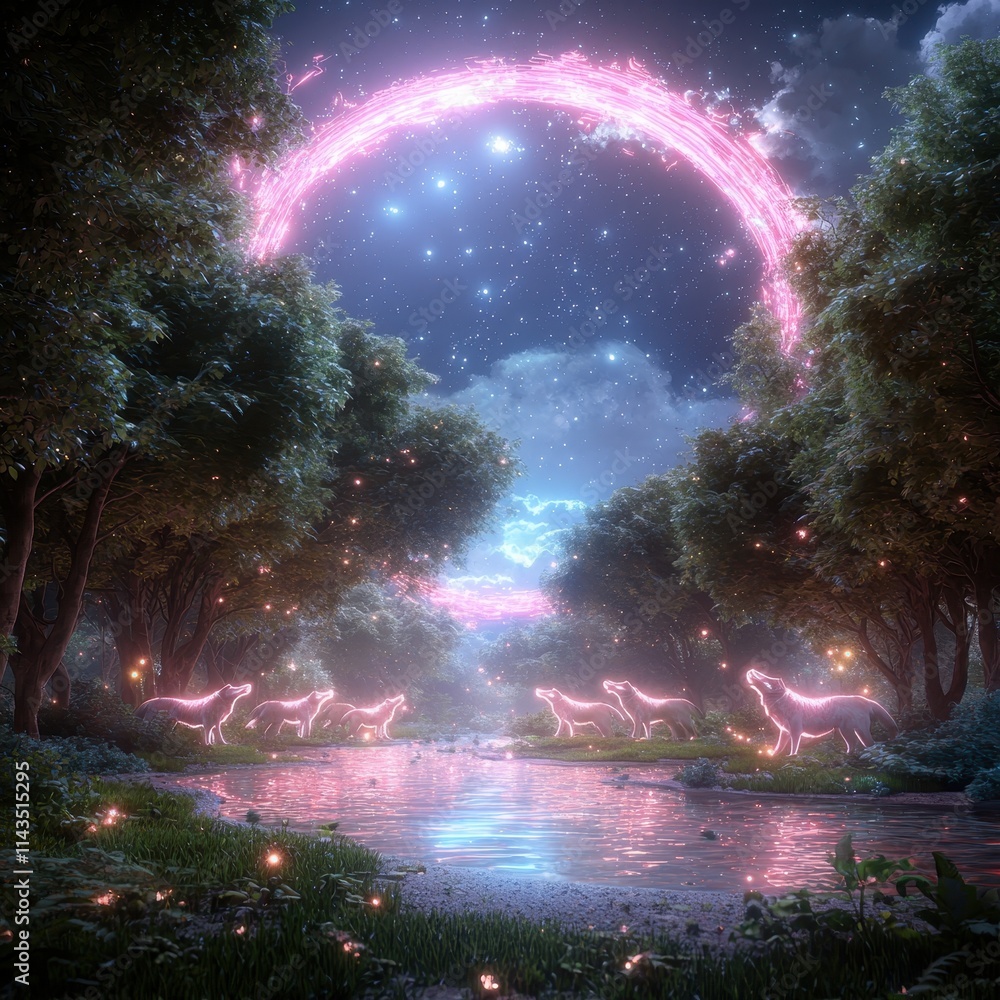 Obraz premium Enchanted Forest with Ethereal Animals under Celestial Phenomena