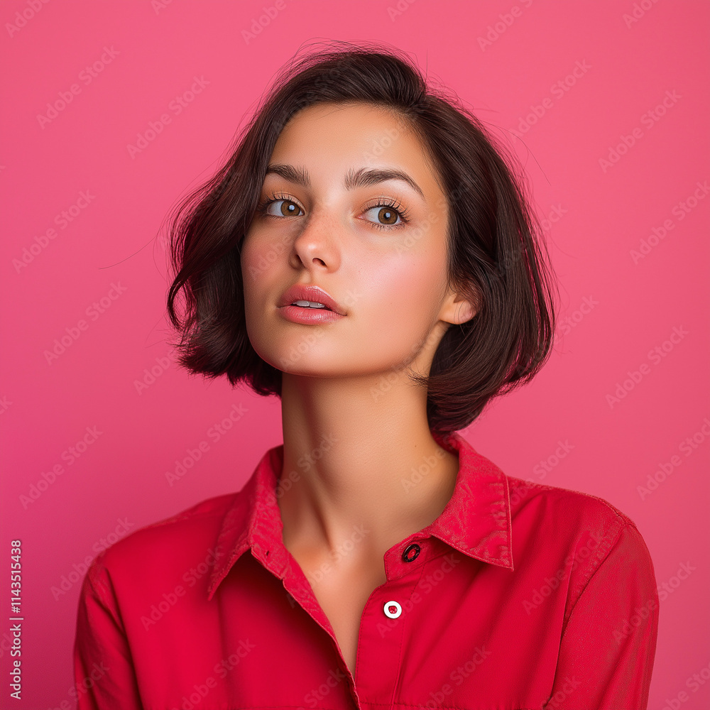 Captivating portrait of a young woman studio setting photography vibrant pink background close-up perspective beauty and confidence
