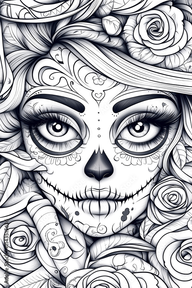 Fototapeta premium A woman's face is drawn with a skull and roses. The skull is surrounded by roses, and the woman's eyes are looking at the viewer. The image has a dark and eerie mood, with the skull