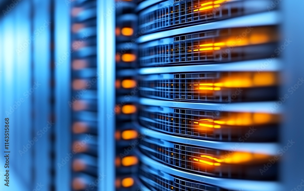 A row of servers with orange lights on them. The servers are arranged in a row, with each server having a different number of lights. The lights are evenly spaced out, creating a uniform appearance A row of servers with orange lights on them. The servers are arranged in a row, with each server having a different number of lights. The lights are evenly spaced out, creating a uniform appearance