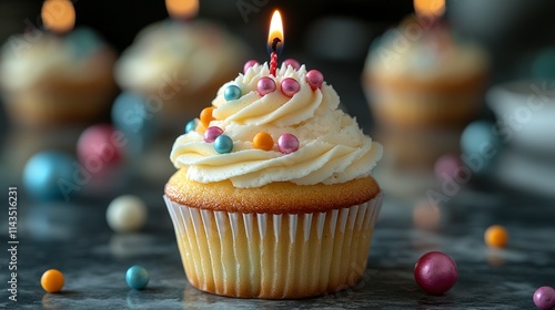 Birthday Cupcake With Candle And Sprinkles photo