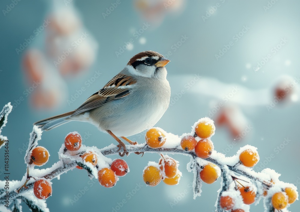 A Small Sparrow Perched on a Snow-Covered Branch With Bright Orange Berries During a Tranquil Winter Scene in a Softly Lit Environment A Small Sparrow Perched on a Snow-Covered Branch With Bright Orange Berries During a Tranquil Winter Scene in a Softly Lit Environment