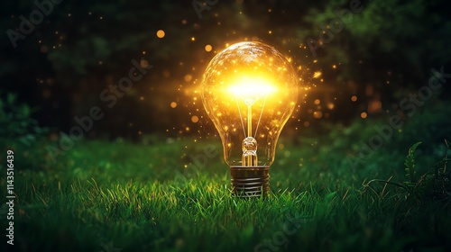 Illuminated light bulb glowing in green grass. photo