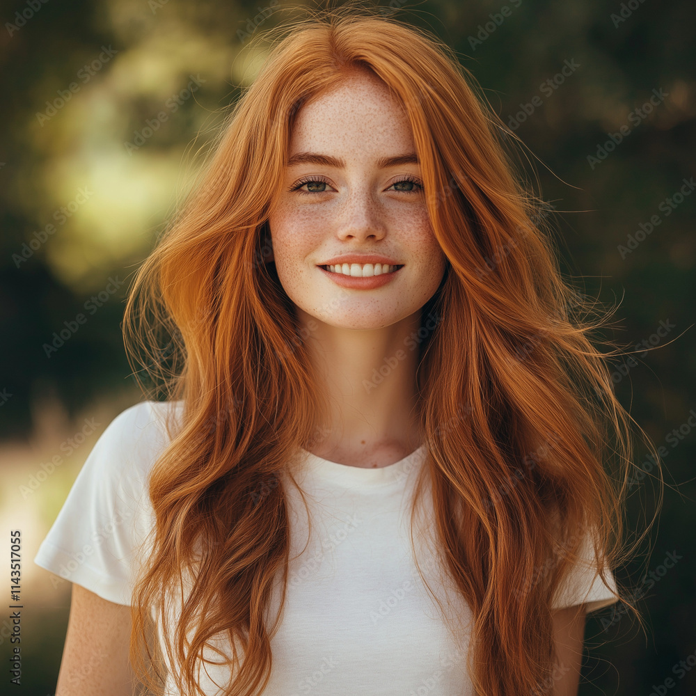 Naklejka premium Captivating portrait of a smiling young woman in a natural outdoor setting casual attire warm sunlight natural beauty concept