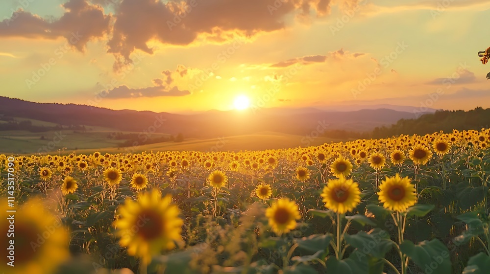 Fototapeta premium Golden Hour Sunflowers: Sunset Landscape Photography. AI Generated