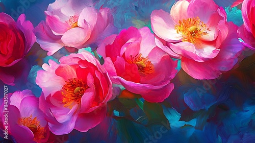 Fototapeta Naklejka Na Ścianę i Meble -  Vibrant pink flowers artfully painted abstract style digital illustration. AI Generated