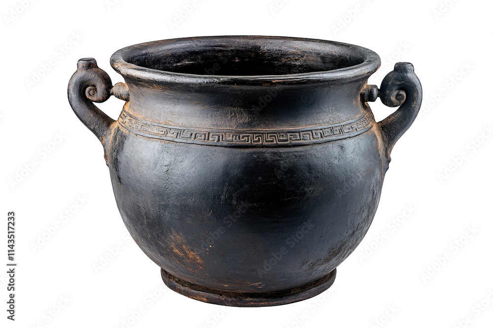 a black ceramic pot with two handles and a decorative pattern around the rim. isolated on a transparent background a black ceramic pot with two handles and a decorative pattern around the rim. isolated on a transparent background