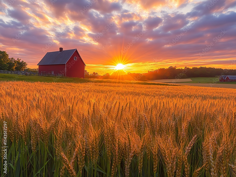 A serene sunset over a golden wheat field with a red barn in the background.