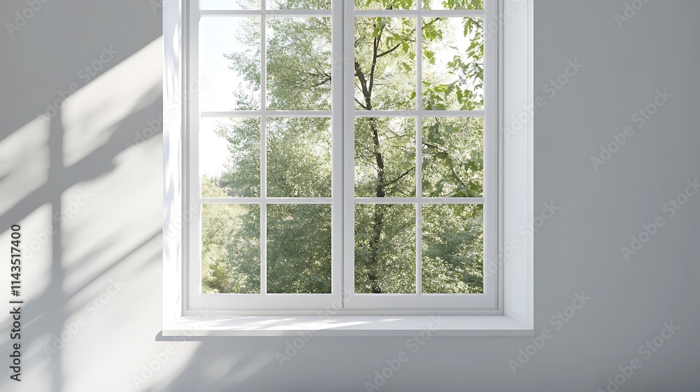 Sunlit window brightly showing leafy trees wide photo mockup. AI Generated Sunlit window brightly showing leafy trees wide photo mockup. AI Generated