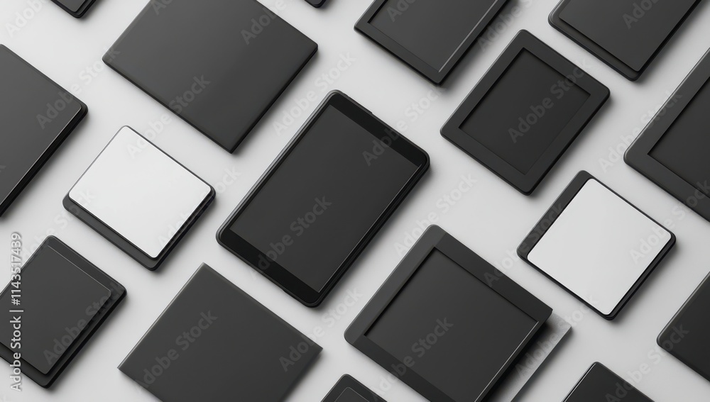 Aerial View of Various Modern Black and White Tablets and Electronic Devices on a Light Background for Technology and Design Concepts Aerial View of Various Modern Black and White Tablets and Electronic Devices on a Light Background for Technology and Design Concepts