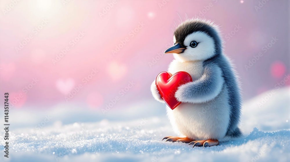 Obraz premium pastel dreamy penguin chick holding a glossy red heart on icy terrain with pink and white hues, romantic winter vibe with copyspace. ideal for love and valentines day