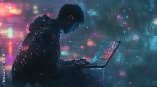 Cyberpunk Digital Painting: Hacker Working Late at Night. AI Generated photo