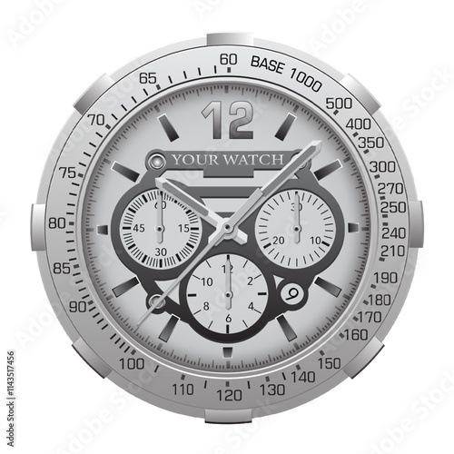 Realistic watch clock chronograph silver face dashboard black grey on white design classic luxury vector