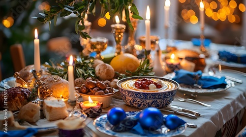 A beautifully decorated Hanukkah table with traditional dishes and dreidels photo