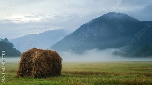 Hay Bale in Misty Mountain Valley at Dawn. AI Generated