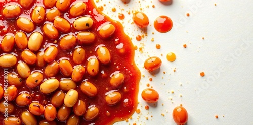 Baked beans with tomato sauce covering the entire white surface, sauce, stain photo