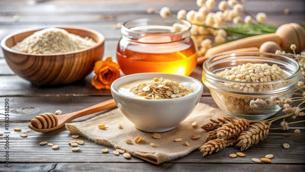Honey oat yogurt scrub: a DIY skincare double exposure, capturing beauty's natural glow. Honey oat yogurt scrub: a DIY skincare double exposure, capturing beauty's natural glow.