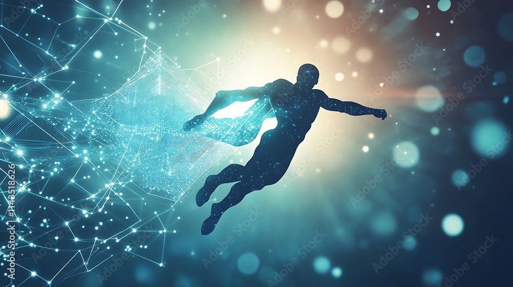Naklejka premium Digital Art: Superhero Soaring Through a Networked Cosmos. AI Generated