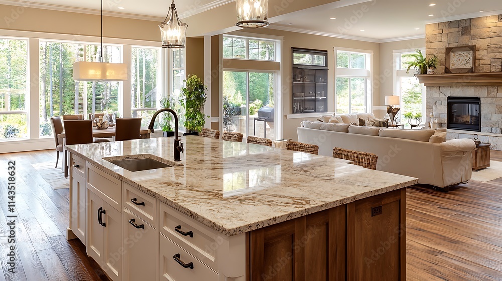 Spacious kitchen island photo with sunny home view and open living space.. AI Generated Spacious kitchen island photo with sunny home view and open living space.. AI Generated