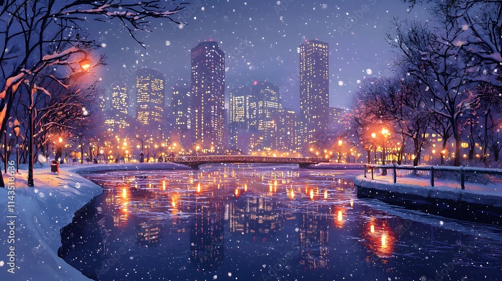 A snowy cityscape with holiday lights reflecting on the icy streets A snowy cityscape with holiday lights reflecting on the icy streets