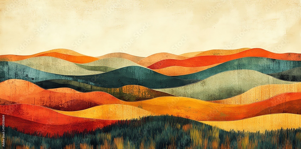Abstract landscape with rolling hills in warm colors, evoking a serene atmosphere. Abstract landscape with rolling hills in warm colors, evoking a serene atmosphere.