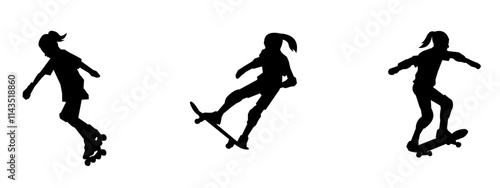 Set of silhouettes of girls and boys playing skateboarding. isolated on a white background.