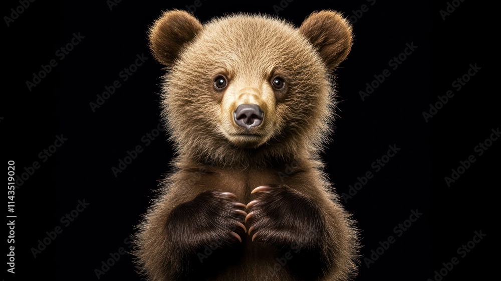 Obraz premium Adorable brown bear cub on black background.