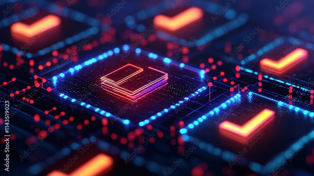 Neon Check Mark Icons With Glowing Effects On Digital Background Neon Check Mark Icons With Glowing Effects On Digital Background