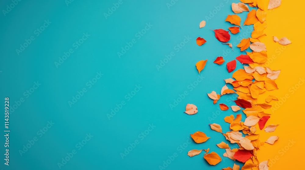 Fototapeta premium Colorful Fall Leaves on Bright Blue and Yellow Background